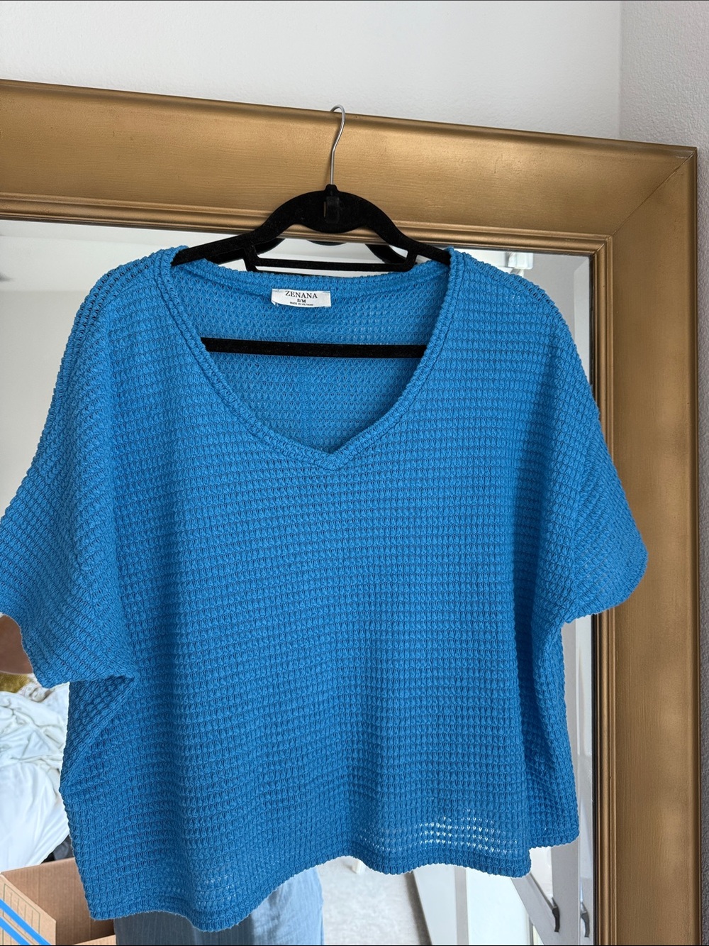 ZENANA Bright Blue Textured V-Neck Sweater Top S/M